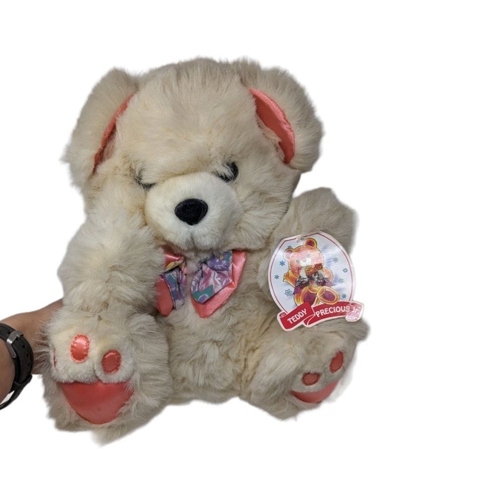 Vintage Teddy Precious Ivory Bear Orange Paw Ribbon Soft Plush Stuffed Animal